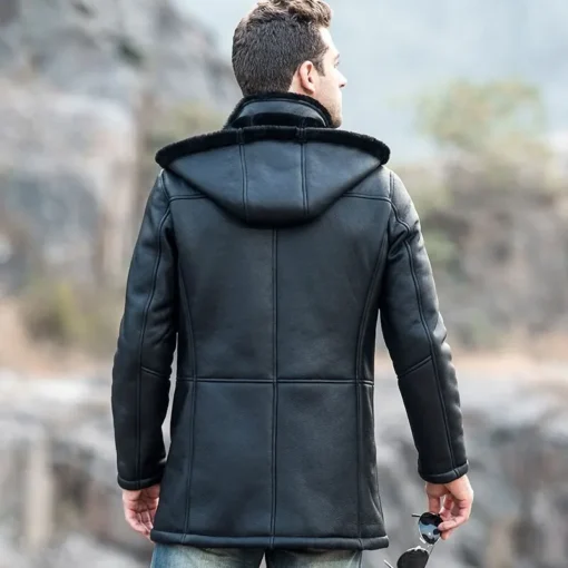 Men’s Black Shearling Leather Trench Coat with Hood