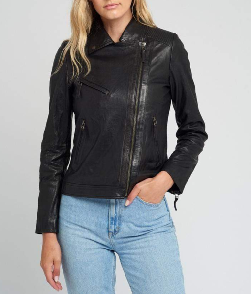 Eve Vintage Lapel Collar Black Leather Jacket