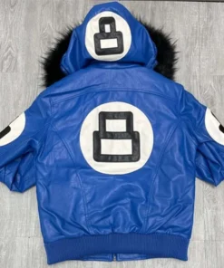 8 Ball Logo Fur Hooded Sheepskin Blue Men's Jacket