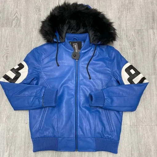 8 Ball Logo Fur Hooded Sheepskin Blue Men's Jacket