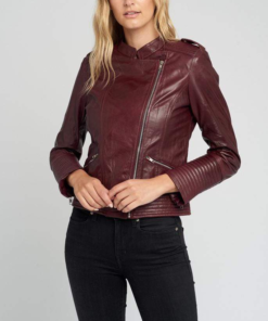 Women’s Dark Maroon Asymmetric Cafe Racer Leather Jacket