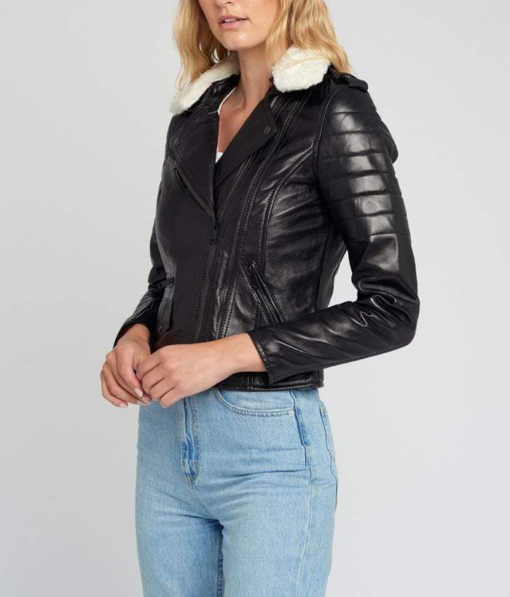 Womens White Shearling Fur Collared Biker Leather Jacket