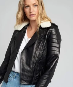 Womens White Shearling Fur Collared Biker Leather Jacket