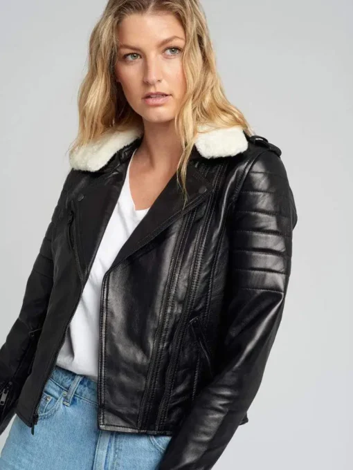 Womens White Shearling Fur Collared Biker Leather Jacket