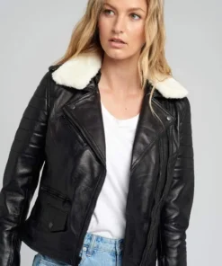 Womens White Shearling Fur Collared Biker Leather Jacket