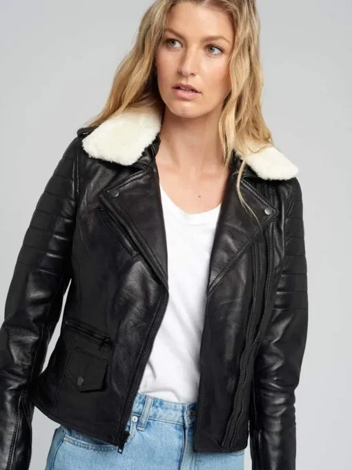 Womens White Shearling Fur Collared Biker Leather Jacket