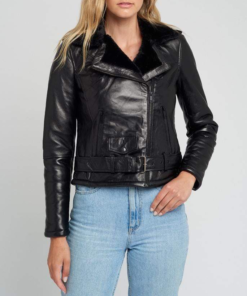 Ave Black Fur Biker Leather Jacket