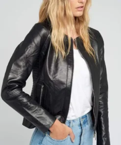 Classic Crew Neck Black Leather Jacket