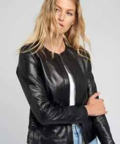 Classic Crew Neck Black Leather Jacket