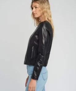 Classic Crew Neck Black Leather Jacket