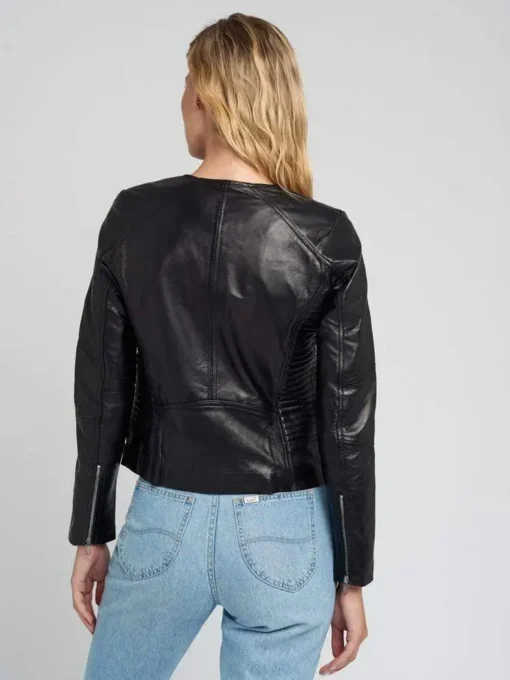 Classic Crew Neck Black Leather Jacket