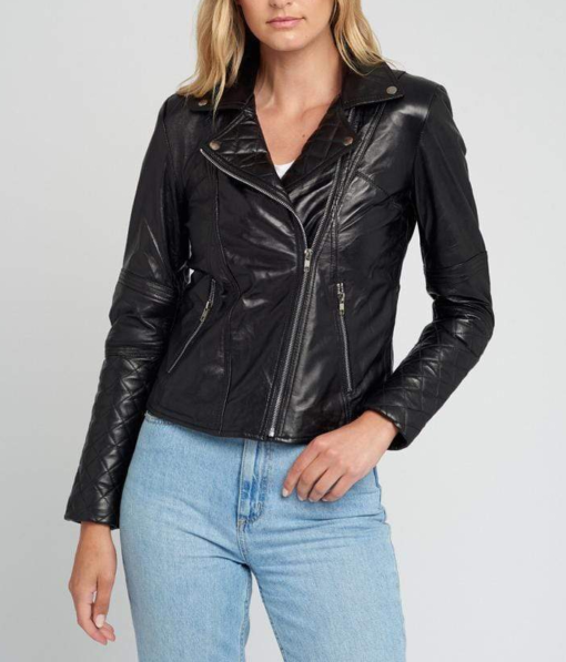 Women’s Asymmetrical Quilted Black Motorcycle Leather Jacket