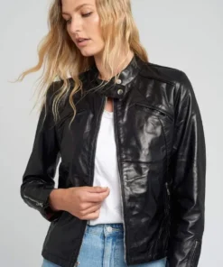 Womens Black Tab Collar Cafe Racer Black Leather Jacket