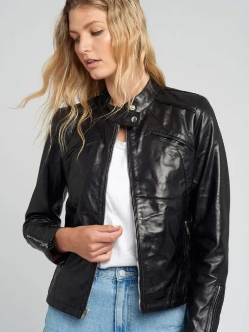 Womens Black Tab Collar Cafe Racer Black Leather Jacket