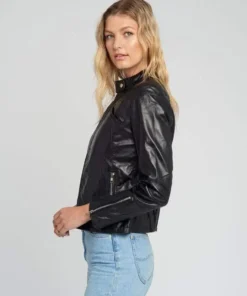 Womens Black Tab Collar Cafe Racer Black Leather Jacket