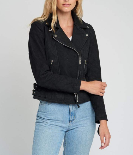 Liza Black Suede Notch Collar Leather Jacket