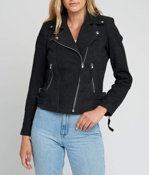 Liza Black Suede Notch Collar Leather Jacket