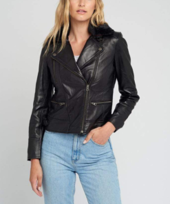 Womens Black Shearling Fur Collared Biker Leather Jacket