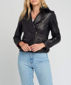 Womens Black Shearling Fur Collared Biker Leather Jacket