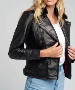 Womens Black Shearling Fur Collared Biker Leather Jacket