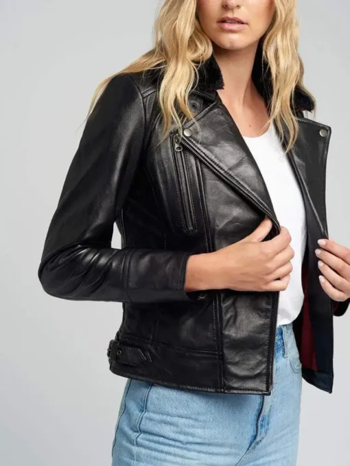 Womens Black Shearling Fur Collared Biker Leather Jacket