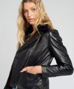 Womens Black Shearling Fur Collared Biker Leather Jacket