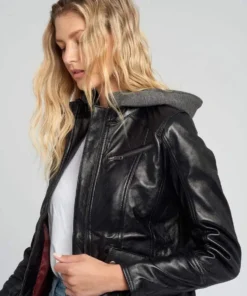 Kendra Hooded Black Cafe Racer Leather Jacket