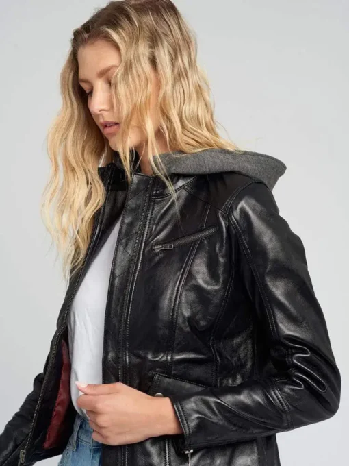 Kendra Hooded Black Cafe Racer Leather Jacket