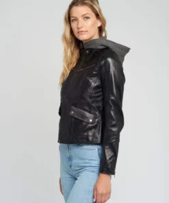 Kendra Hooded Black Cafe Racer Leather Jacket