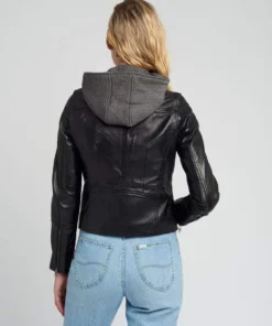 Kendra Hooded Black Cafe Racer Leather Jacket