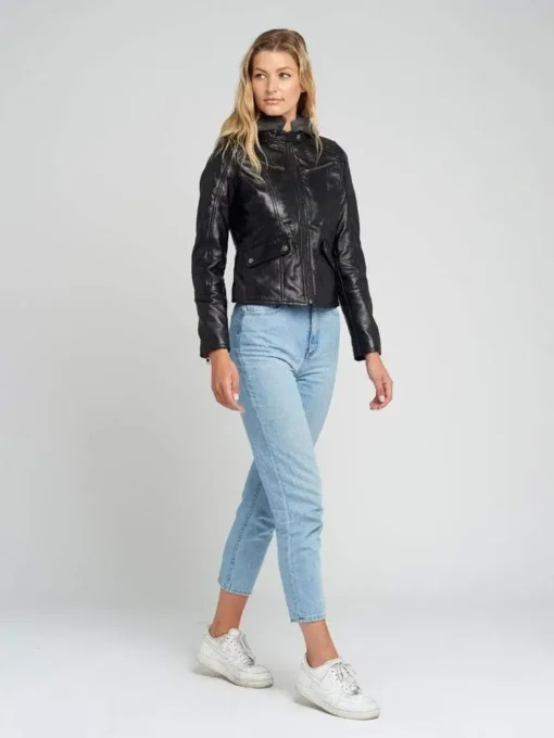 Kendra Hooded Black Cafe Racer Leather Jacket