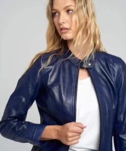 Jessy Blue Cafe Race Stand Collar Leather Jacket