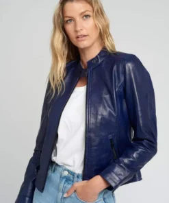 Jessy Blue Cafe Race Stand Collar Leather Jacket