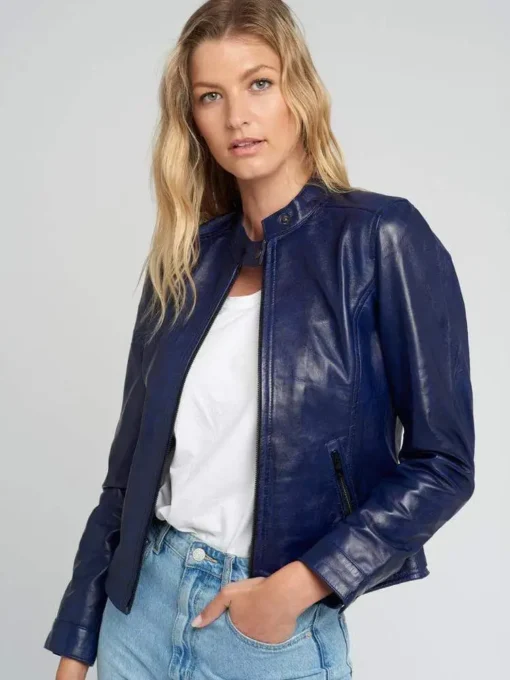 Jessy Blue Cafe Race Stand Collar Leather Jacket