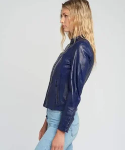 Jessy Blue Cafe Race Stand Collar Leather Jacket