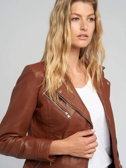 Liza Brown Notch Collar Leather Jacket