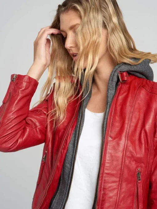 Eliza Red Removable Hooded Leather Jacket