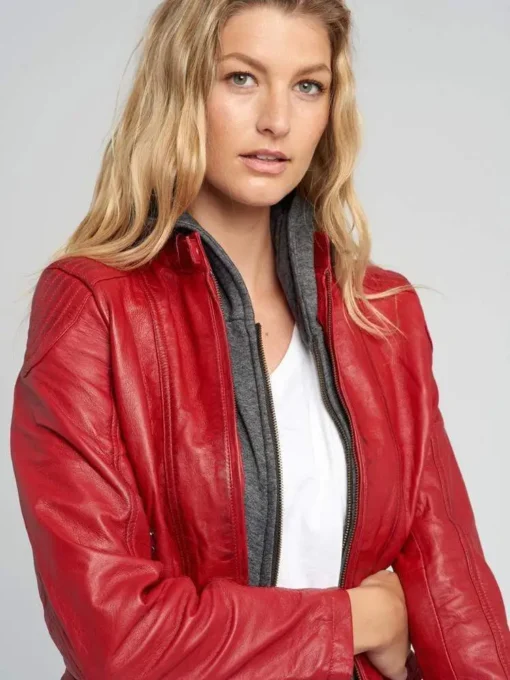 Eliza Red Removable Hooded Leather Jacket