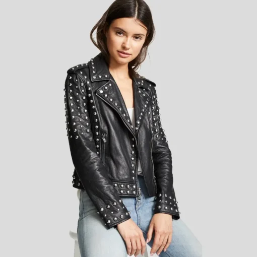 Womens Black Studded Leather Jacket – Biker Style Leather Jacket