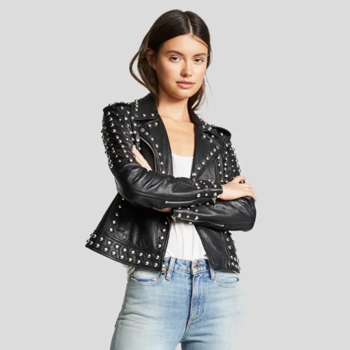 Womens Black Studded Leather Jacket – Biker Style Leather Jacket