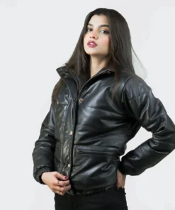 Women’s Puffer Stand Collar Black Leather Jacket