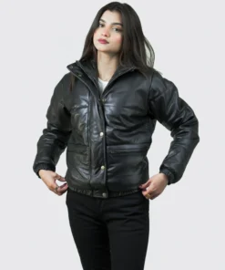 Women’s Puffer Stand Collar Black Leather Jacket