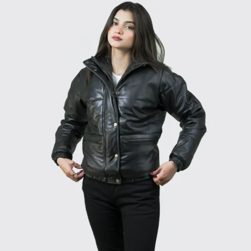 Women’s Puffer Stand Collar Black Leather Jacket