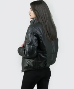 Women’s Puffer Stand Collar Black Leather Jacket