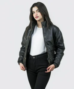 Women’s Puffer Stand Collar Black Leather Jacket