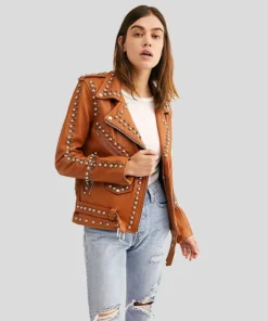 Women’s Studded Tan Leather Biker Jacket