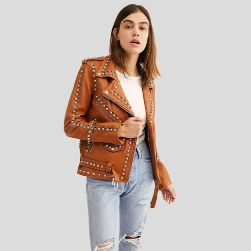 Women’s Studded Tan Leather Biker Jacket