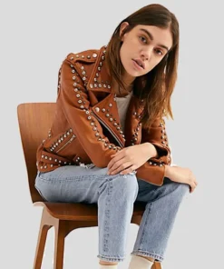 Women’s Studded Tan Leather Biker Jacket