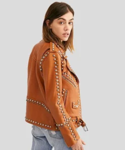 Women’s Studded Tan Leather Biker Jacket