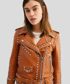 Women’s Studded Tan Leather Biker Jacket